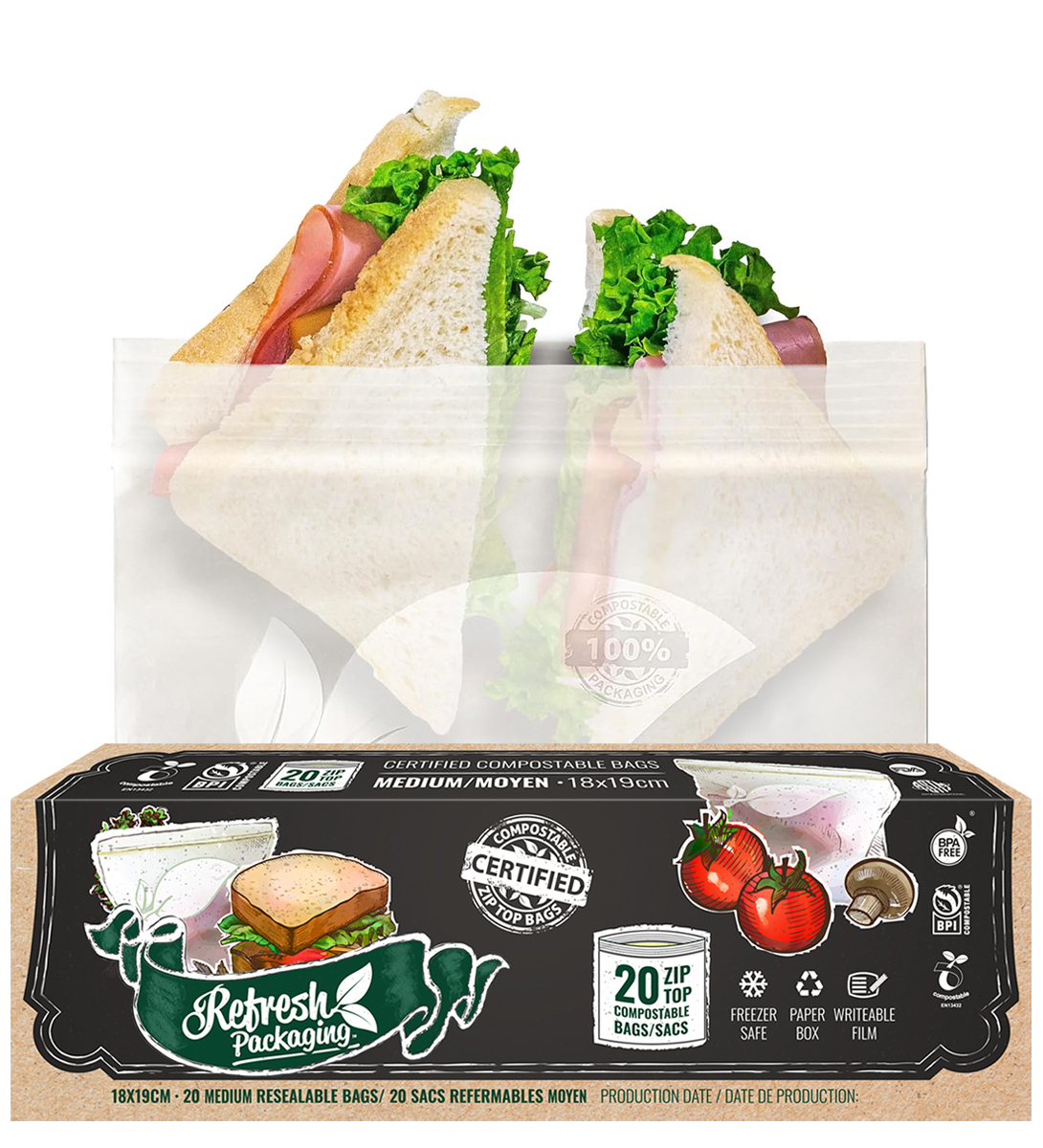 Medium Sandwich Size Compostable ZipTop Freezer Bags - 2 pack-40 Bags Total